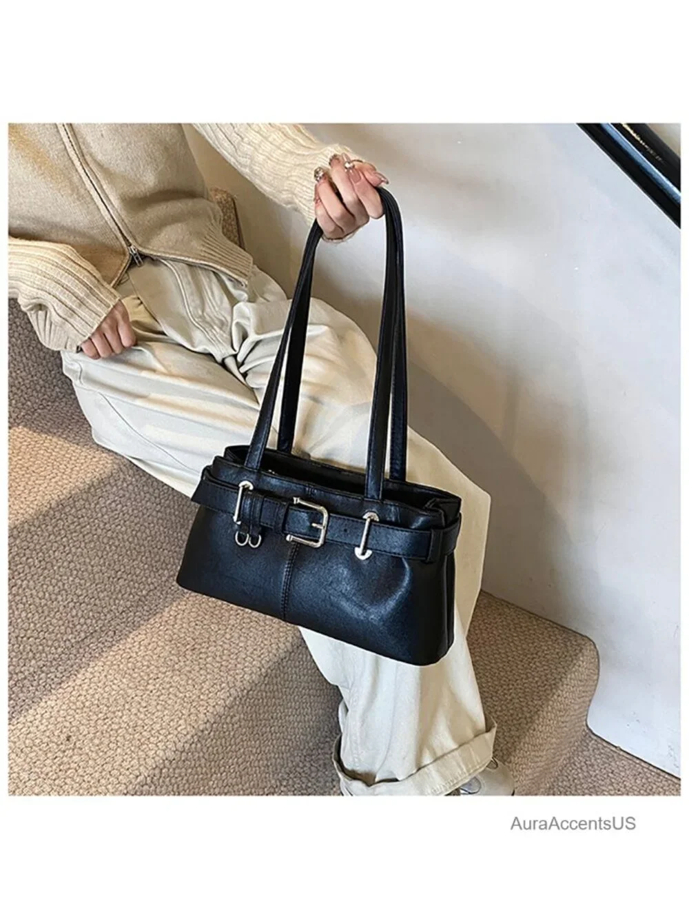 Vintage Y2K Hobo Purse with Belt Buckle Small PU Leather Underarm Satchel
